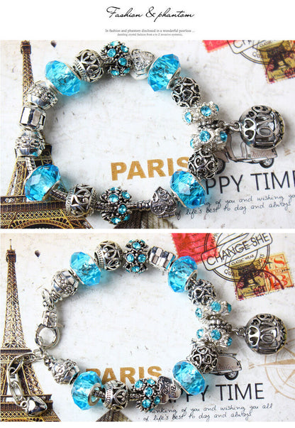 Vintage Crystal Zircon Beaded Bracelet with Hollow LOVE Alloy Pendant, Adjustable Snake Chain Bracelet(19cm+5cm)
