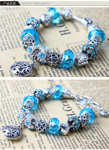 Vintage Crystal Zircon Beaded Bracelet with Hollow LOVE Alloy Pendant, Adjustable Snake Chain Bracelet(20cm+5cm)