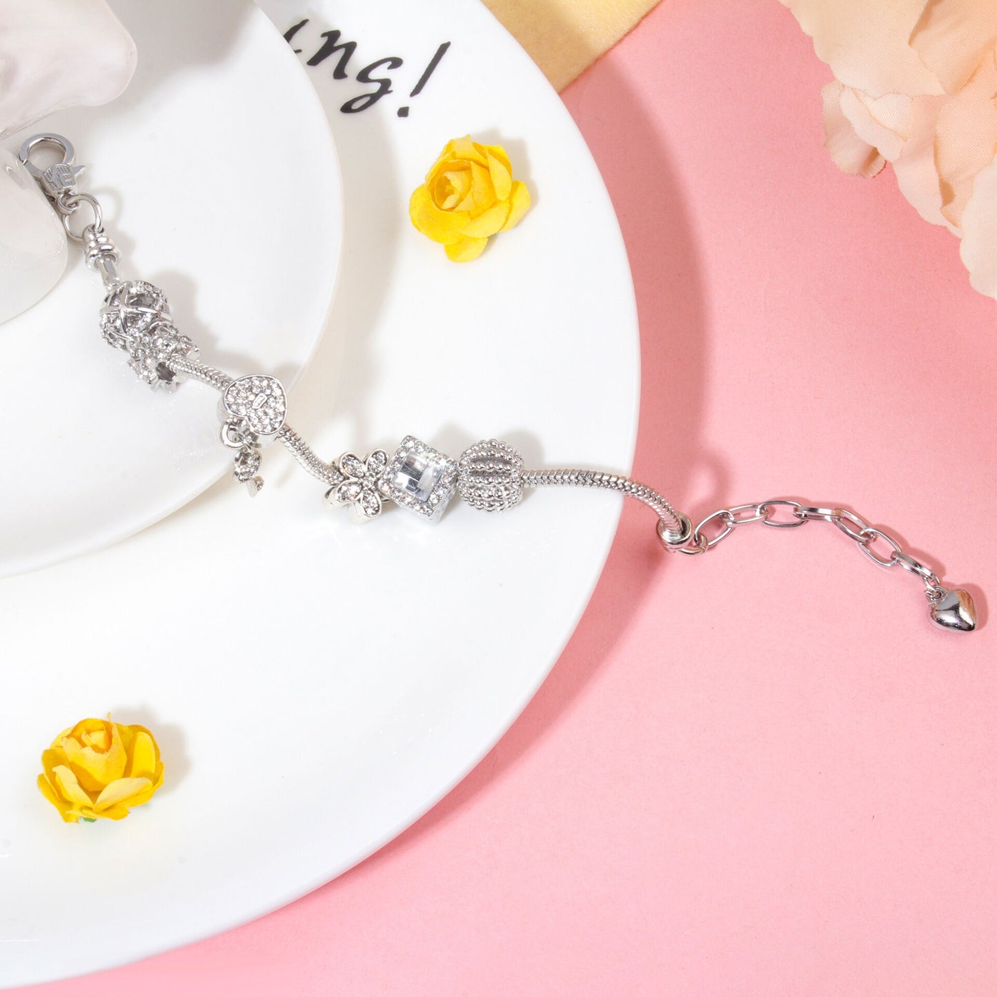 Adjustable Lobster Clasp Bracelet with Zircon Hollow Ball, Square, Flower & Heart Key Charms(21cm)