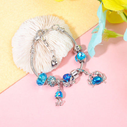 Cartoon Ocean Theme Bracelet with Octopus, Jellyfish, Crab Charms & Crystal Rhinestone Beads(19cm)