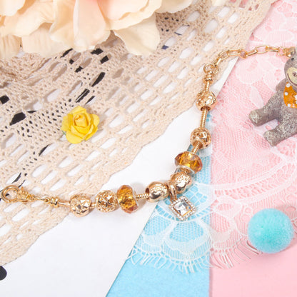 Golden Heart Zircon Hollow Bead Bracelet with Rhinestone Pendant(16cm)