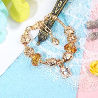 Golden Heart Zircon Hollow Bead Bracelet with Rhinestone Pendant(16cm)