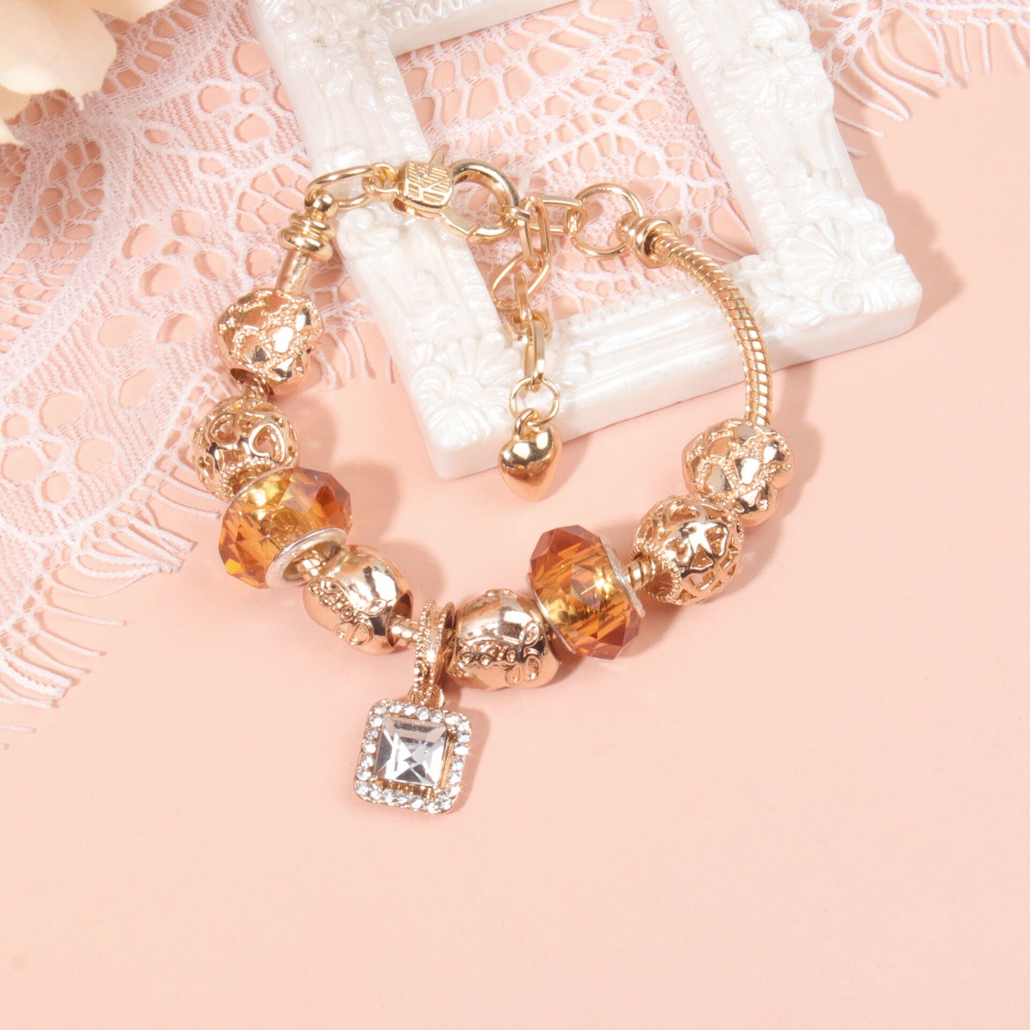 Golden Heart Zircon Hollow Bead Bracelet with Rhinestone Pendant(16cm)