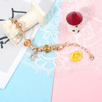 Golden Heart Zircon Hollow Bead Bracelet with Rhinestone Pendant(19cm)