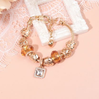 Golden Heart Zircon Hollow Bead Bracelet with Rhinestone Pendant(20cm)