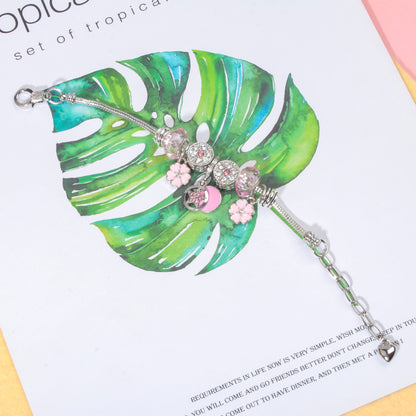 Chic Pink Crystal Beaded Bracelet with Magnolia & Star Pendant(17cm)