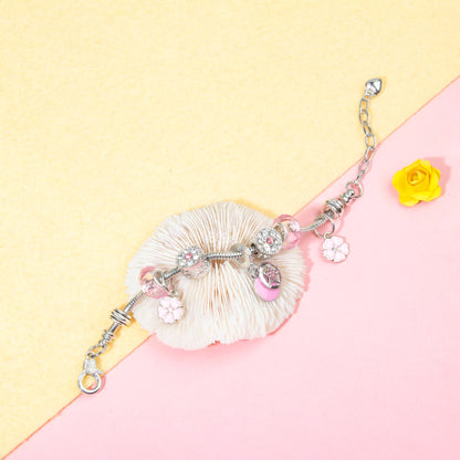 Chic Pink Crystal Beaded Bracelet with Magnolia & Star Pendant(18cm)
