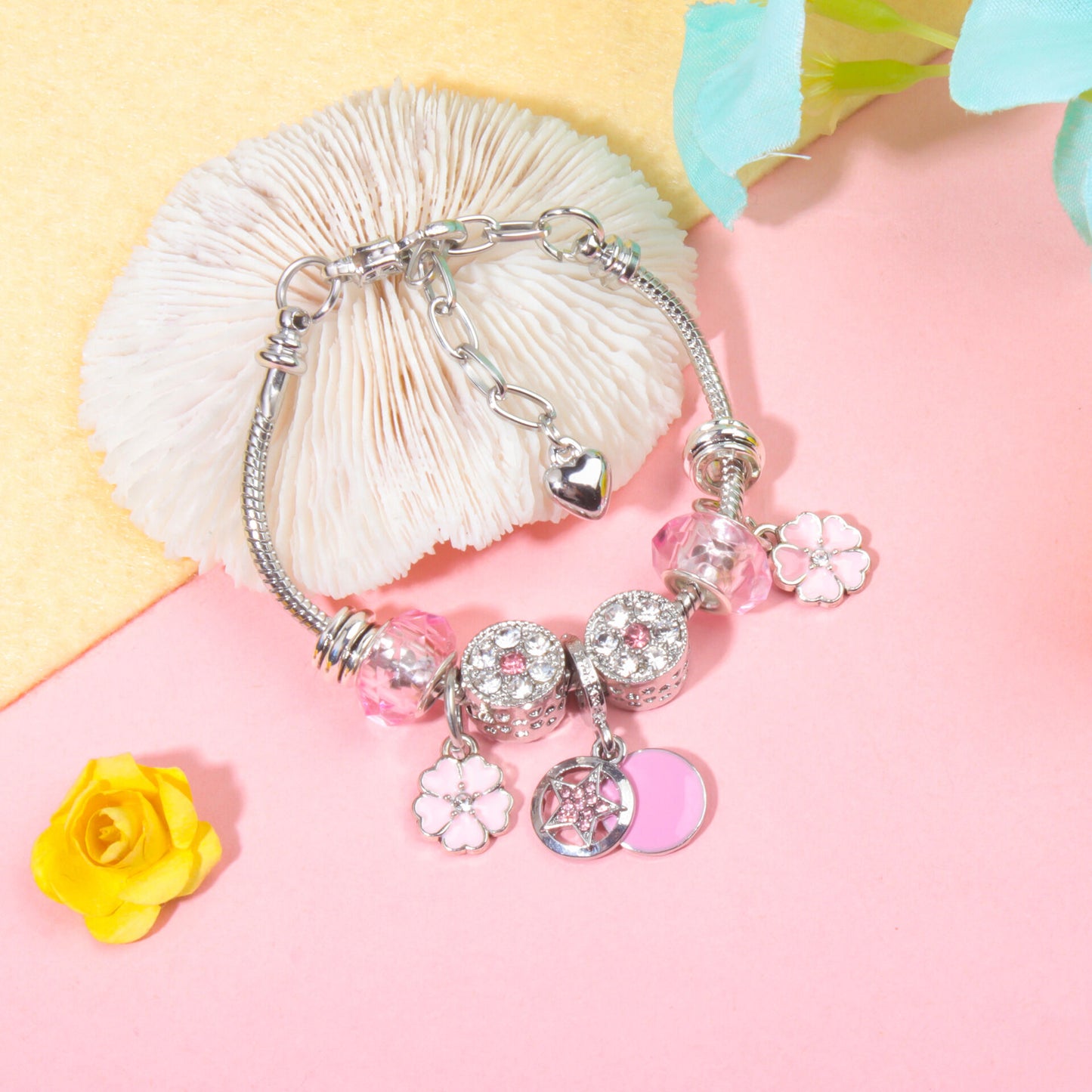 Chic Pink Crystal Beaded Bracelet with Magnolia & Star Pendant(18cm)