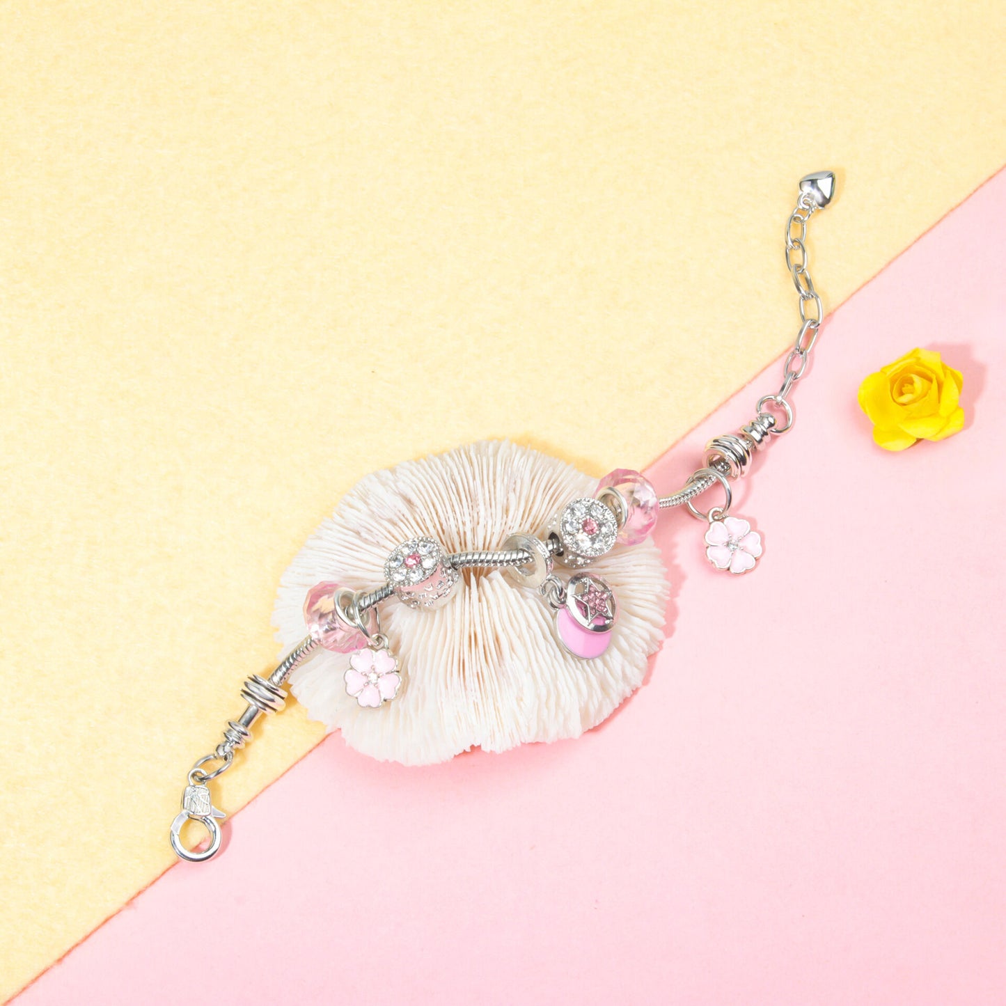 Chic Pink Crystal Beaded Bracelet with Magnolia & Star Pendant(20cm)
