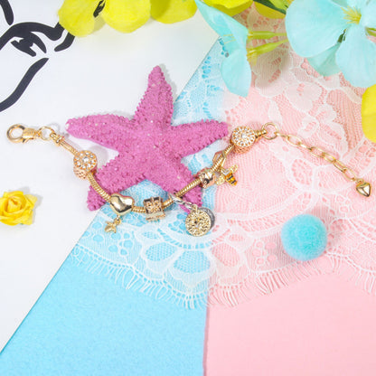 Golden Heart & Bee Charm Bracelet with Rhinestones, Hollow Flower & Gift Box Beads(19cm)