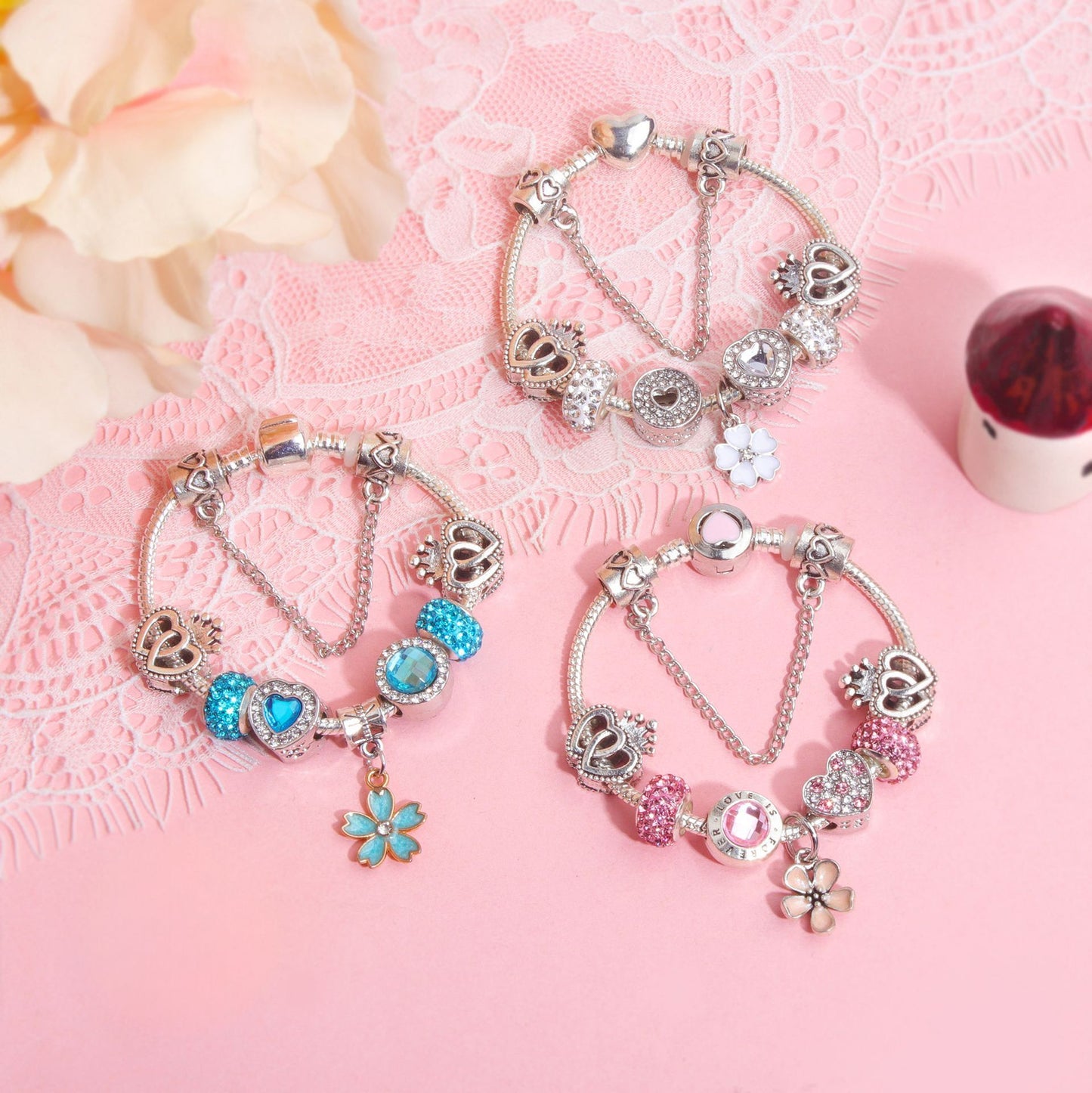 Rhinestone Heart & Crown Bead Bracelet,Fashion Sweet Jewelry for Women(pink-16cm)