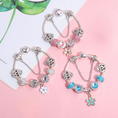 Rhinestone Heart & Crown Bead Bracelet,Fashion Sweet Jewelry for Women(pink-17cm)