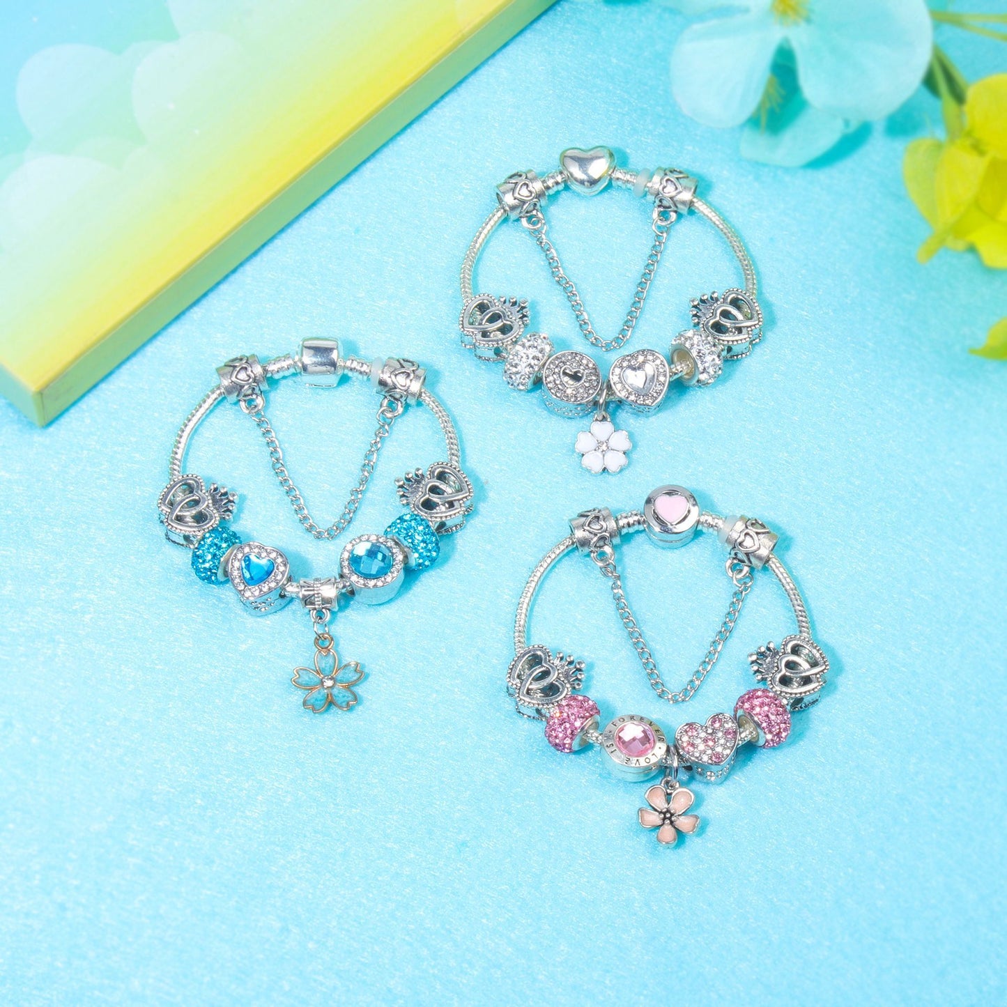 Rhinestone Heart & Crown Bead Bracelet,Fashion Sweet Jewelry for Women(pink-17cm)
