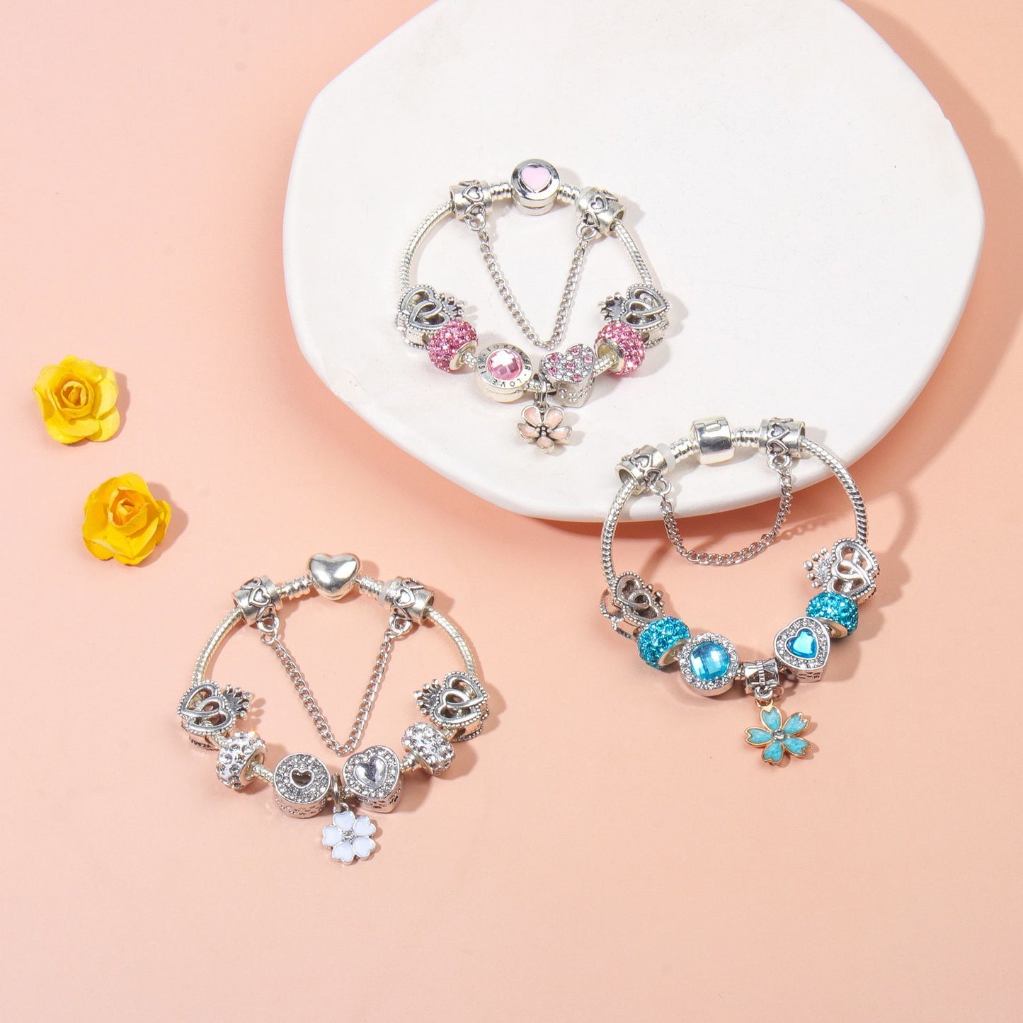 Rhinestone Heart & Crown Bead Bracelet,Fashion Sweet Jewelry for Women(pink-17cm)