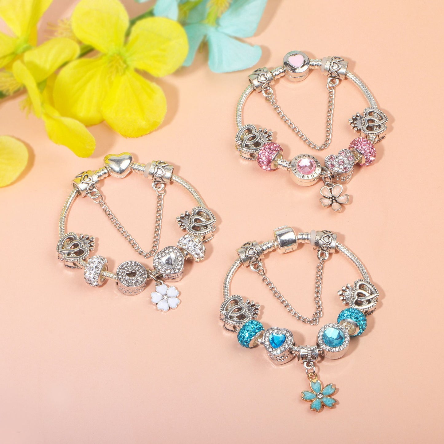 Rhinestone Heart & Crown Bead Bracelet,Fashion Sweet Jewelry for Women(pink-17cm)