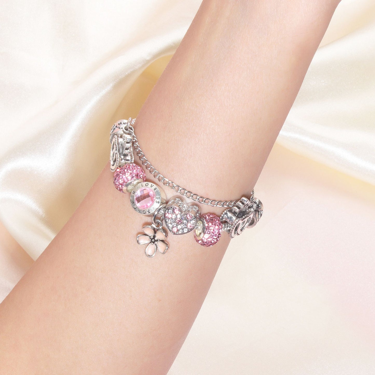 Rhinestone Heart & Crown Bead Bracelet,Fashion Sweet Jewelry for Women(pink-19cm)