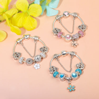 Rhinestone Heart & Crown Bead Bracelet,Fashion Sweet Jewelry for Women(pink-20cm)
