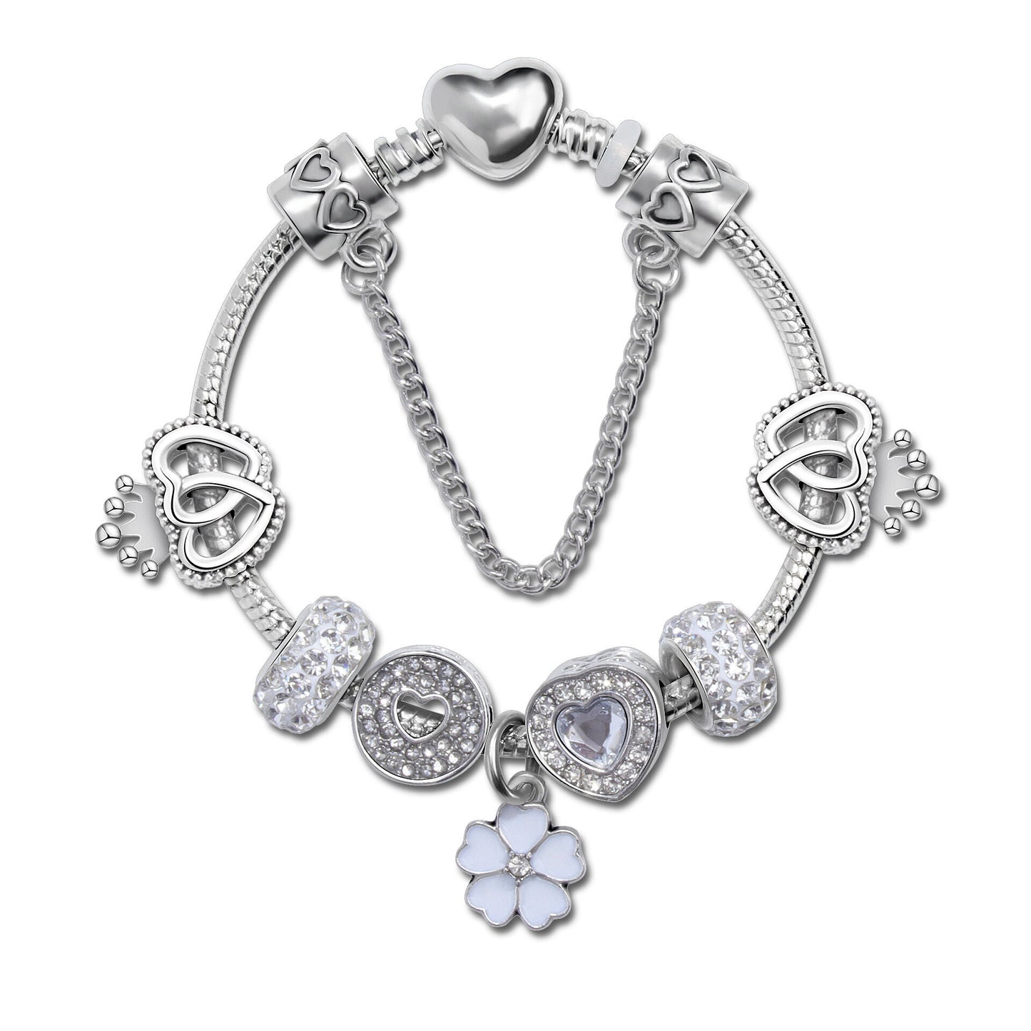Rhinestone Heart & Crown Bead Bracelet,Fashion Sweet Jewelry for Women(silver-16cm)