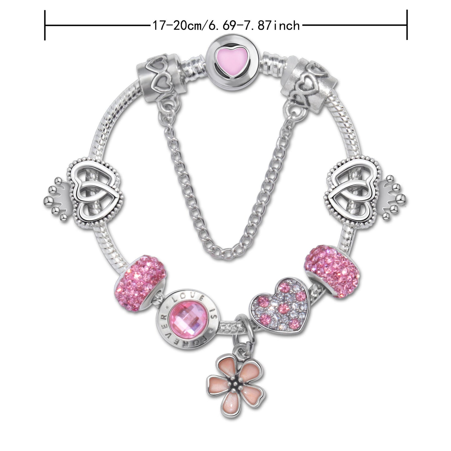 Rhinestone Heart & Crown Bead Bracelet,Fashion Sweet Jewelry for Women(silver-21cm)