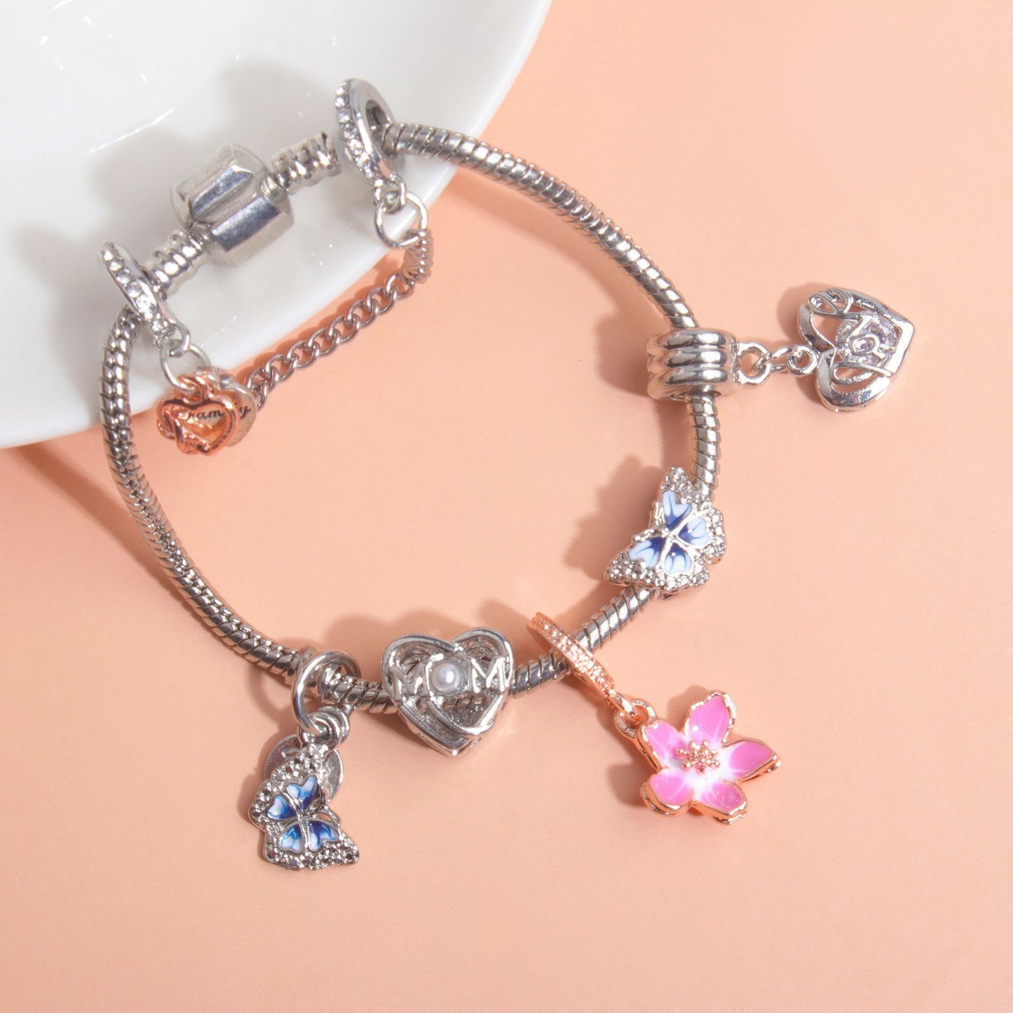 Blue Butterfly Glass Bead & Pink Flower Pendant Charm Bracelet(17cm)