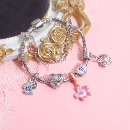 Blue Butterfly Glass Bead & Pink Flower Pendant Charm Bracelet(19cm)