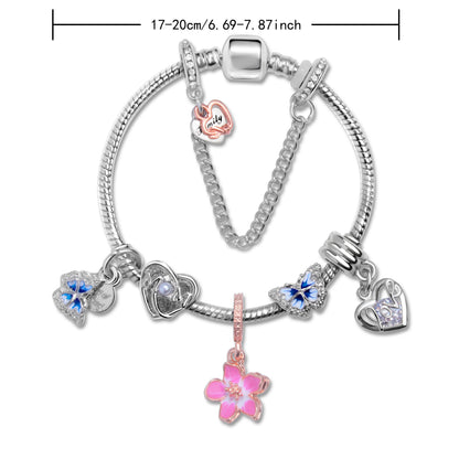 Blue Butterfly Glass Bead & Pink Flower Pendant Charm Bracelet(20cm)