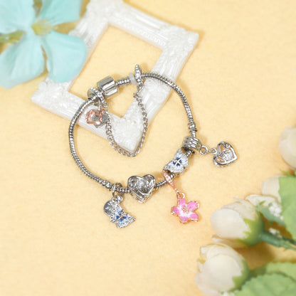 Blue Butterfly Glass Bead & Pink Flower Pendant Charm Bracelet(20cm)