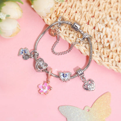 Blue Butterfly Glass Bead & Pink Flower Pendant Charm Bracelet(20cm)