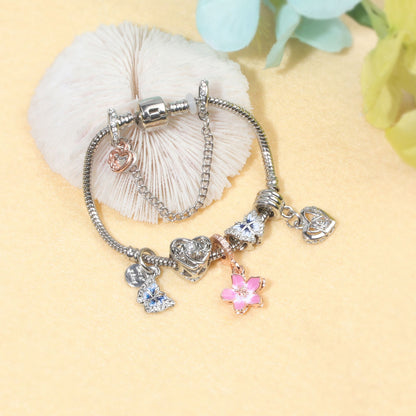 Blue Butterfly Glass Bead & Pink Flower Pendant Charm Bracelet(20cm)