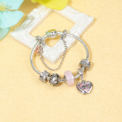 Heart Charm Beaded Bracelet with Crystals(17cm)
