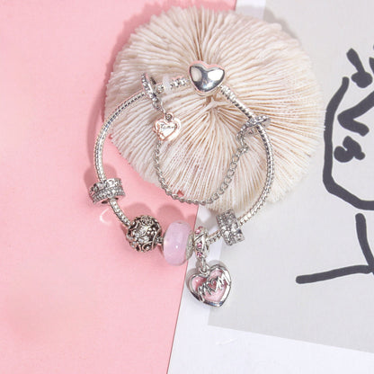 Heart Charm Beaded Bracelet with Crystals(18cm)