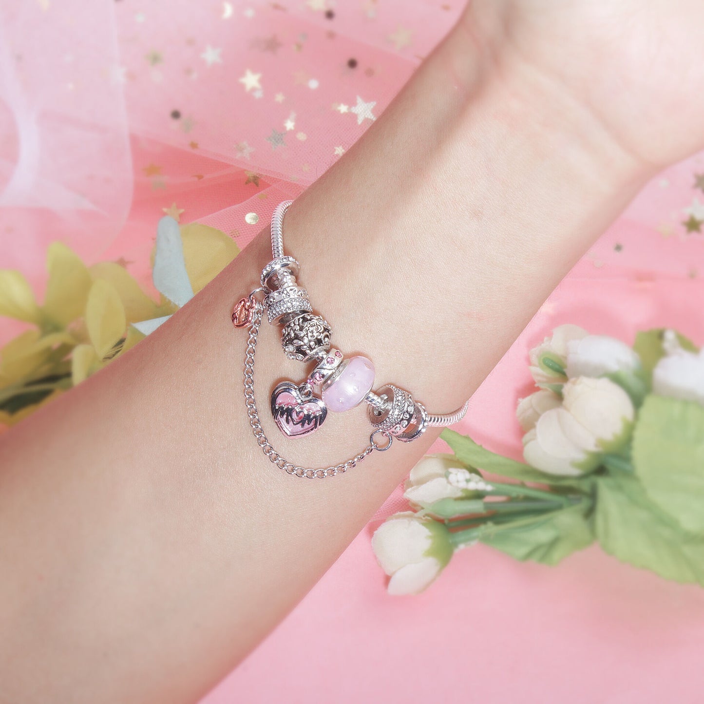 Heart Charm Beaded Bracelet with Crystals(18cm)