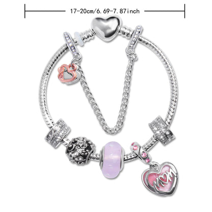 Heart Charm Beaded Bracelet with Crystals(19cm)