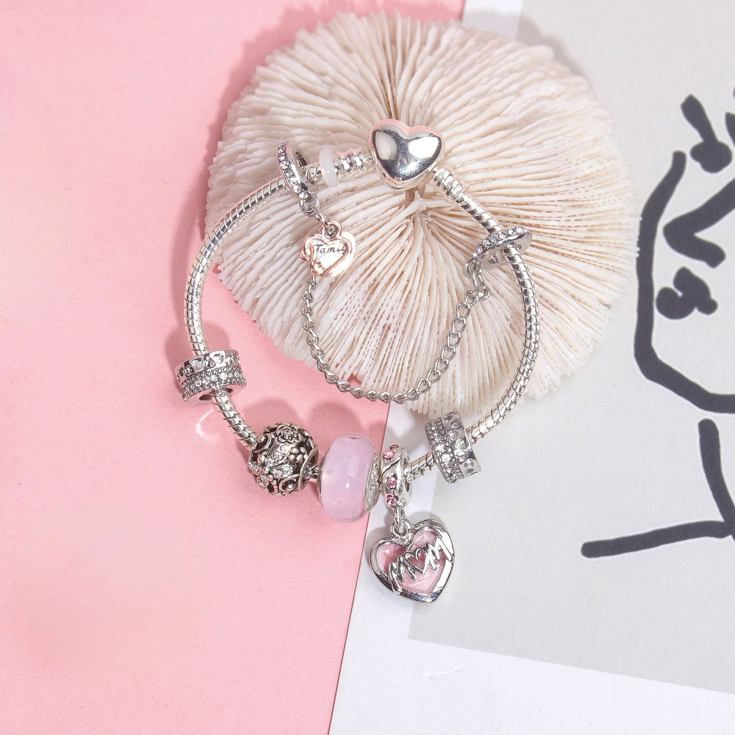 Heart Charm Beaded Bracelet with Crystals(19cm)