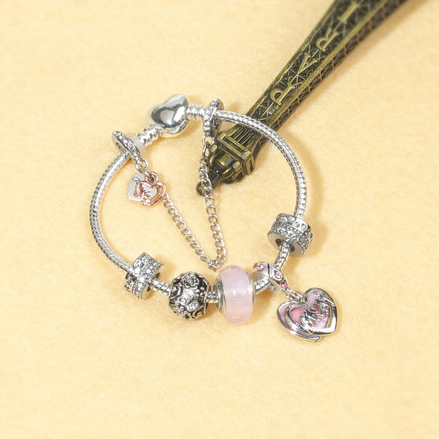 Heart Charm Beaded Bracelet with Crystals(19cm)