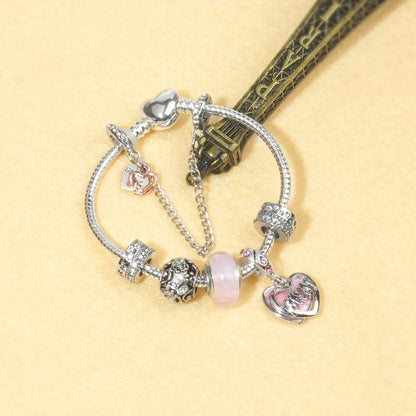 Heart Charm Beaded Bracelet with Crystals(19cm)