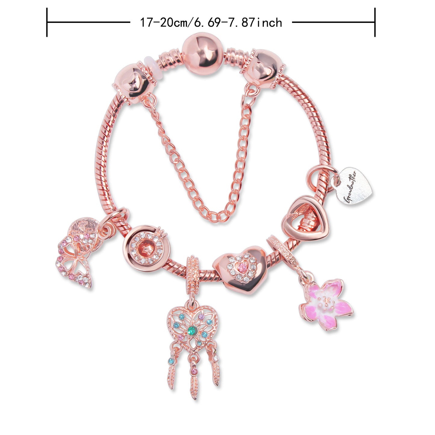 Rose Gold Bracelet with Dreamcatcher & Lily Pendant, Crystal Zircon Beads(18cm)