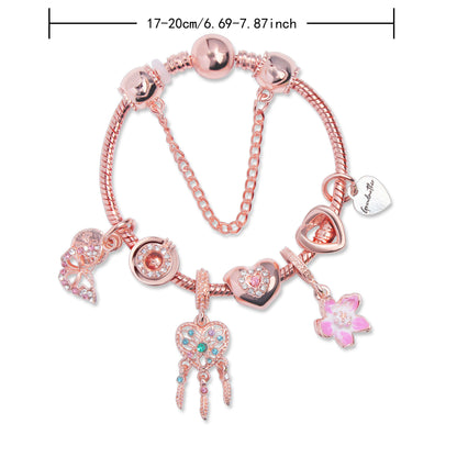 Rose Gold Bracelet with Dreamcatcher & Lily Pendant, Crystal Zircon Beads(18cm)