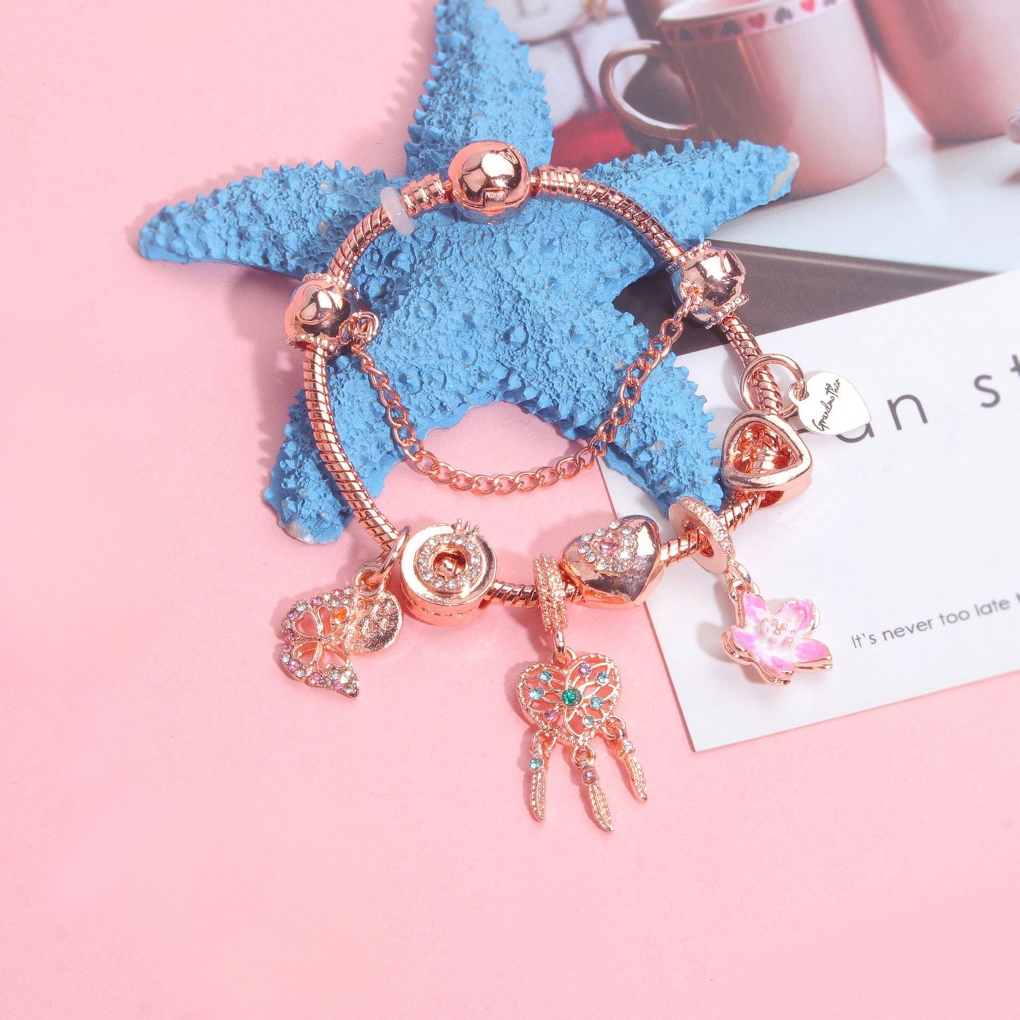 Rose Gold Bracelet with Dreamcatcher & Lily Pendant, Crystal Zircon Beads(18cm)