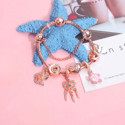 Rose Gold Bracelet with Dreamcatcher & Lily Pendant, Crystal Zircon Beads(18cm)