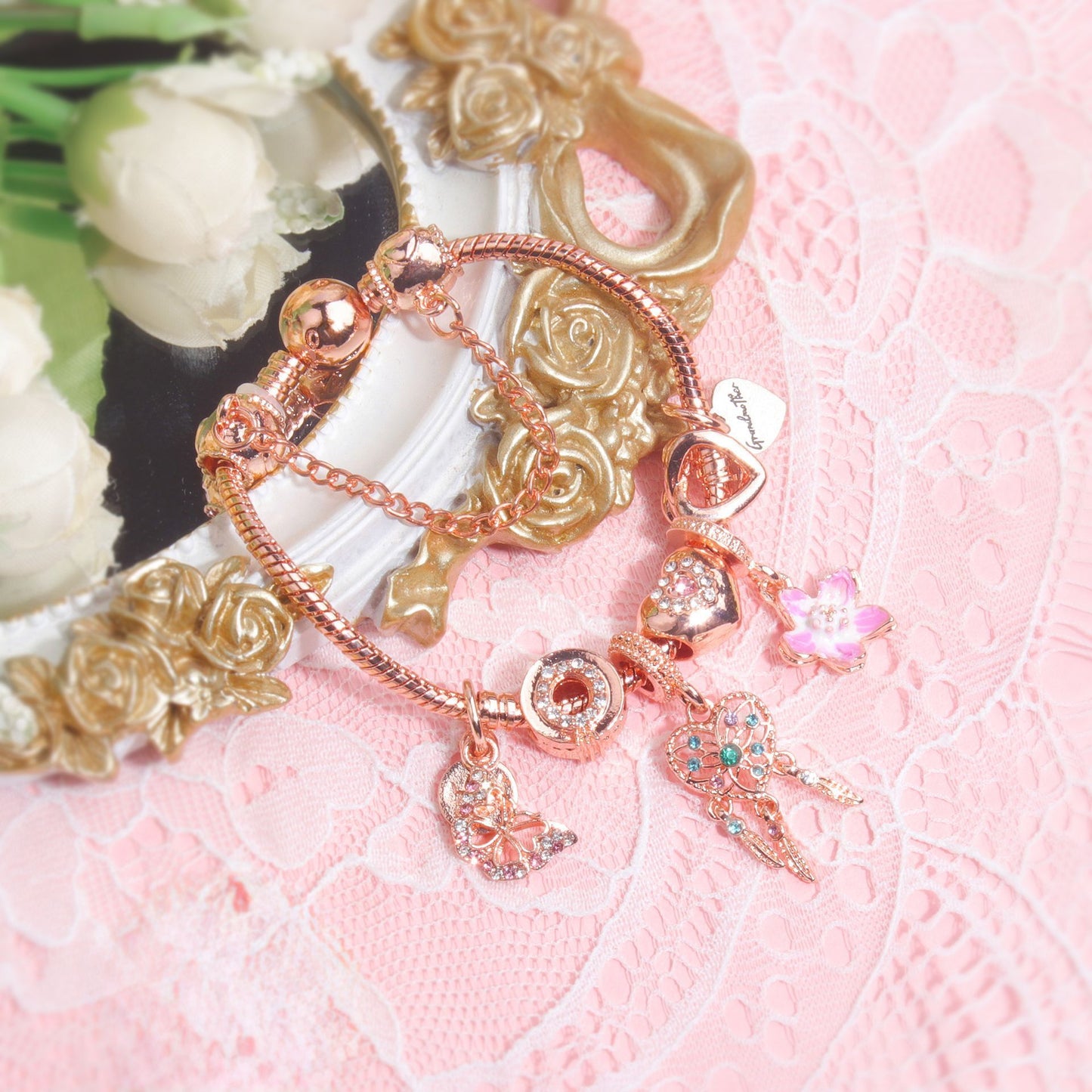 Rose Gold Bracelet with Dreamcatcher & Lily Pendant, Crystal Zircon Beads(18cm)