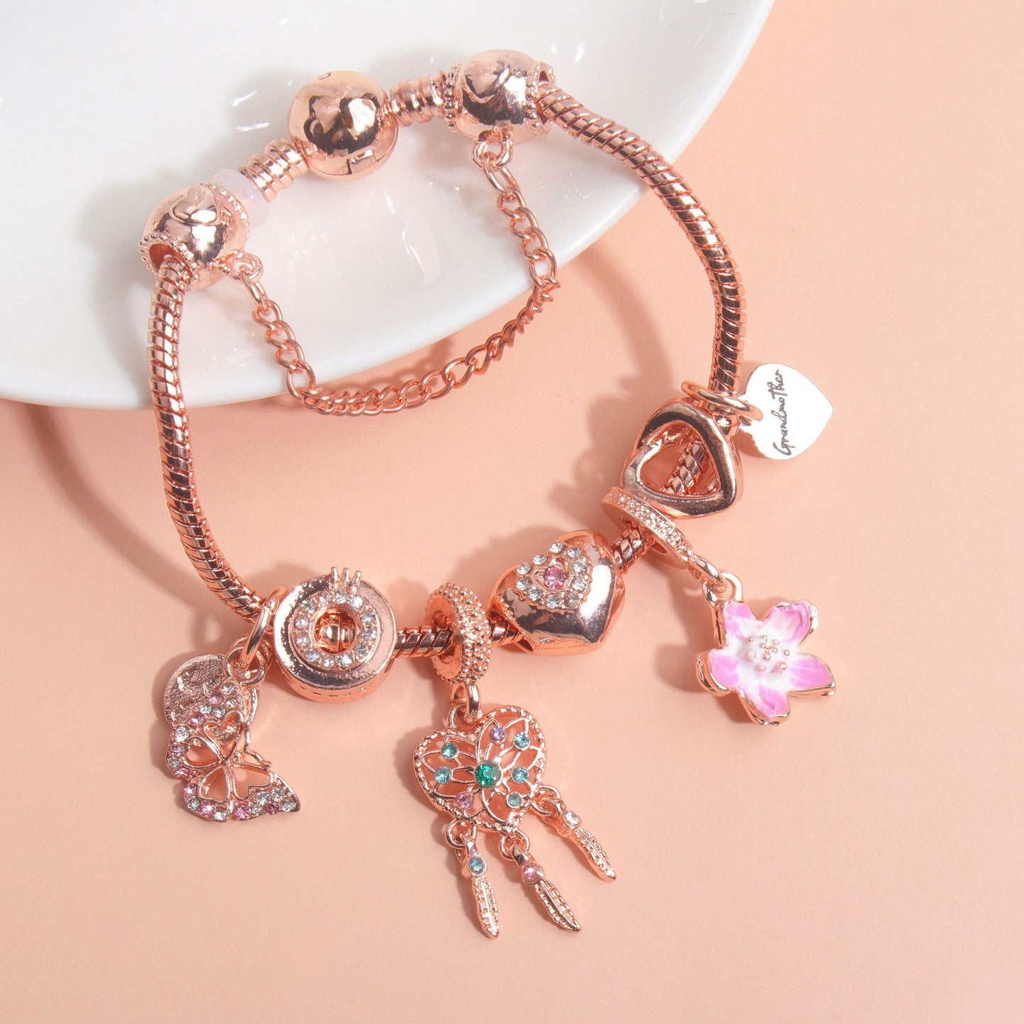 Rose Gold Bracelet with Dreamcatcher & Lily Pendant, Crystal Zircon Beads(20cm)