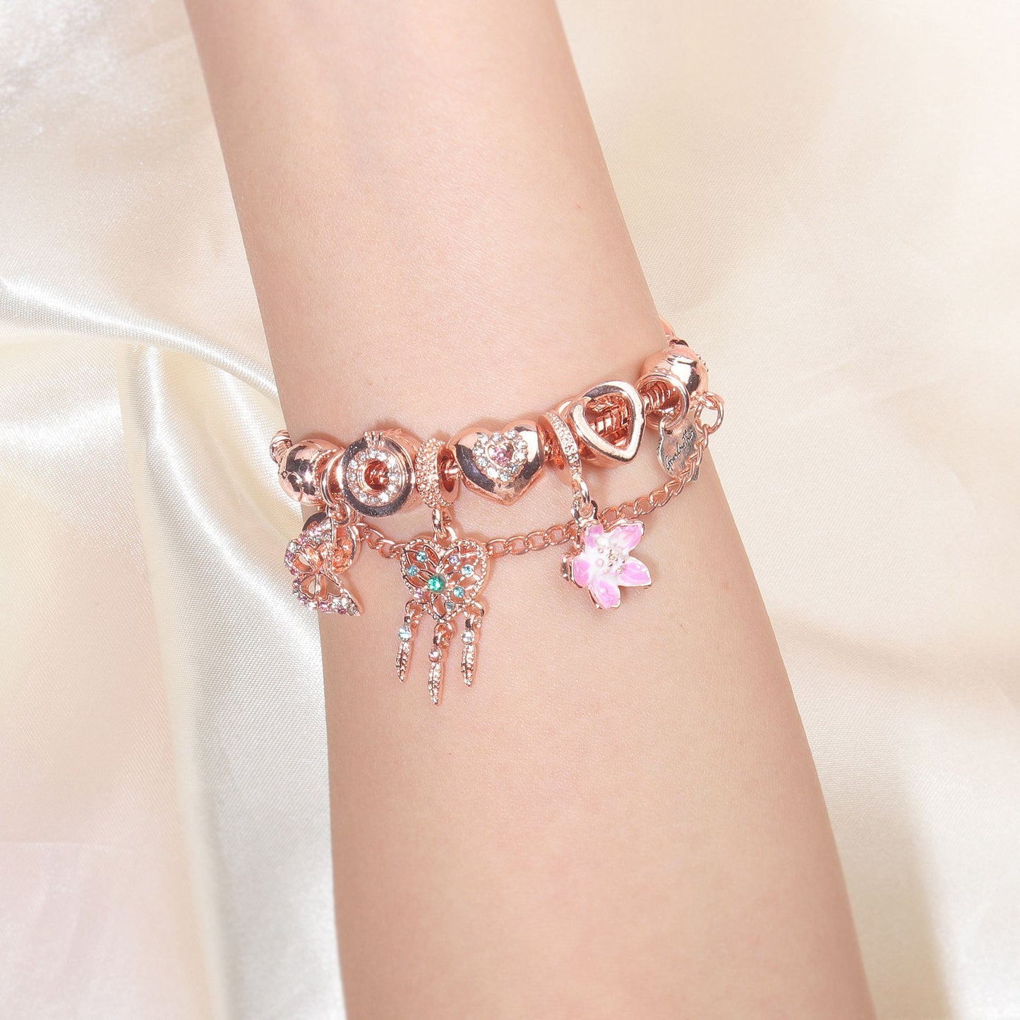 Rose Gold Bracelet with Dreamcatcher & Lily Pendant, Crystal Zircon Beads(20cm)