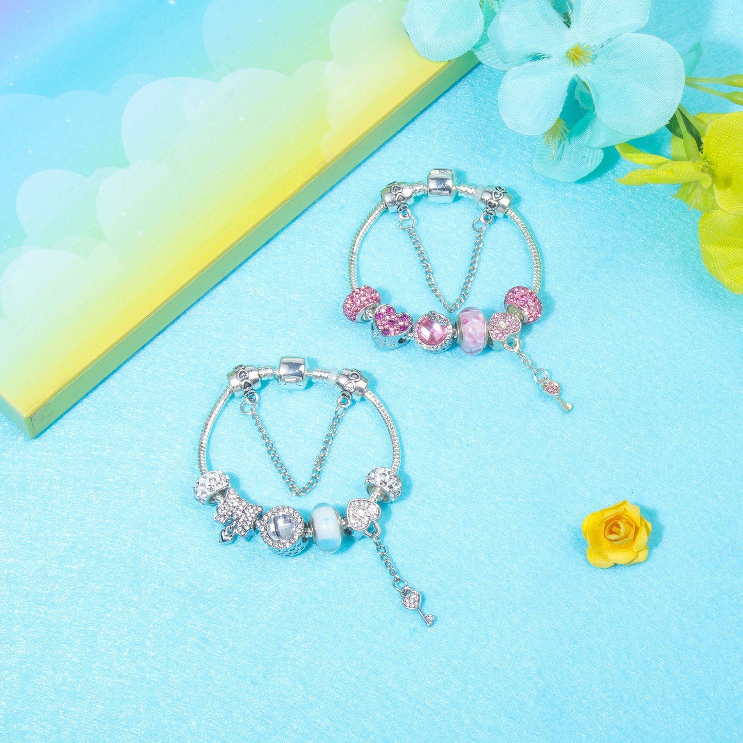 Classic Rhinestone-Inlaid Glass Bead Dreamcatcher Bracelet(pink-21cm)
