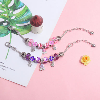 Romantic Floral Big Glass Bead Petal Pendant DIY Bracelet(purple-16cm)