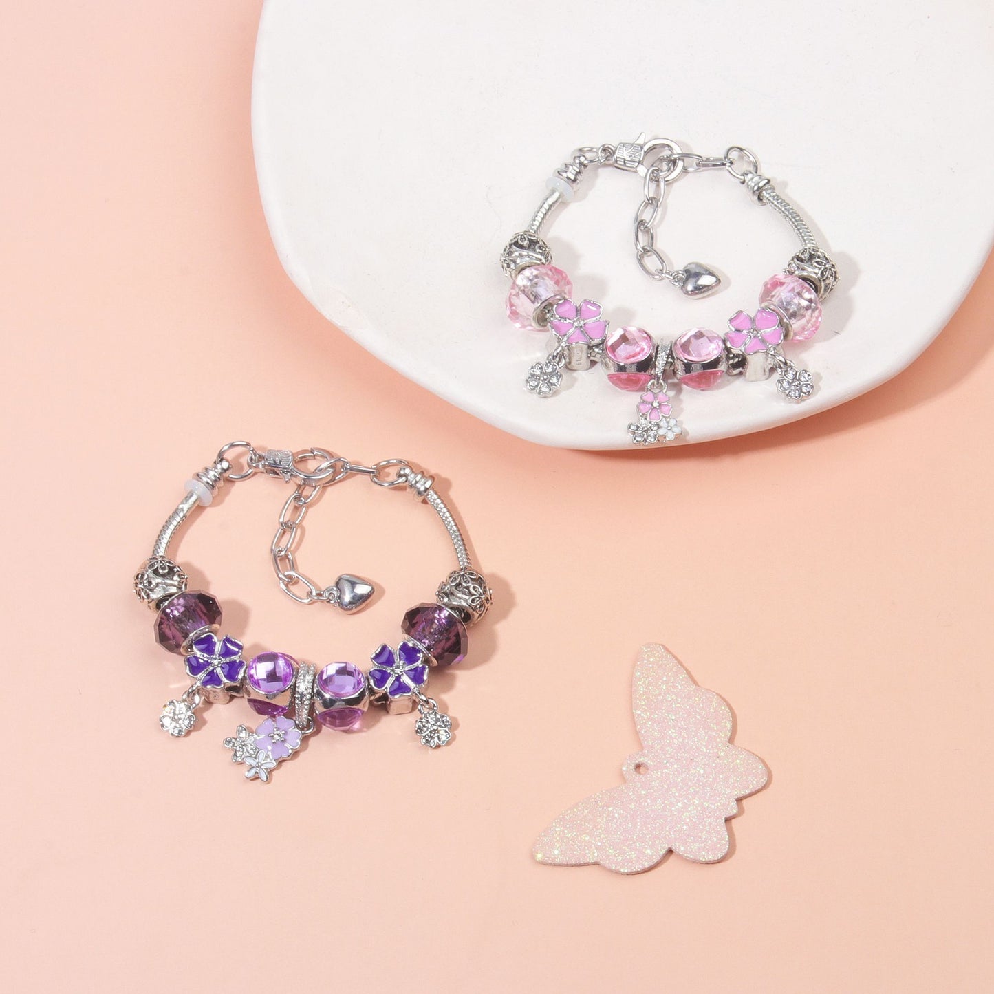 Romantic Floral Big Glass Bead Petal Pendant DIY Bracelet(purple-16cm)