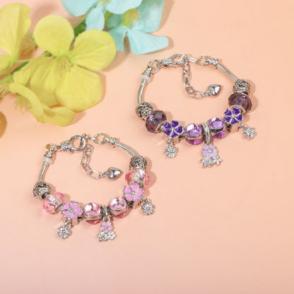Romantic Floral Big Glass Bead Petal Pendant DIY Bracelet(purple-17cm)