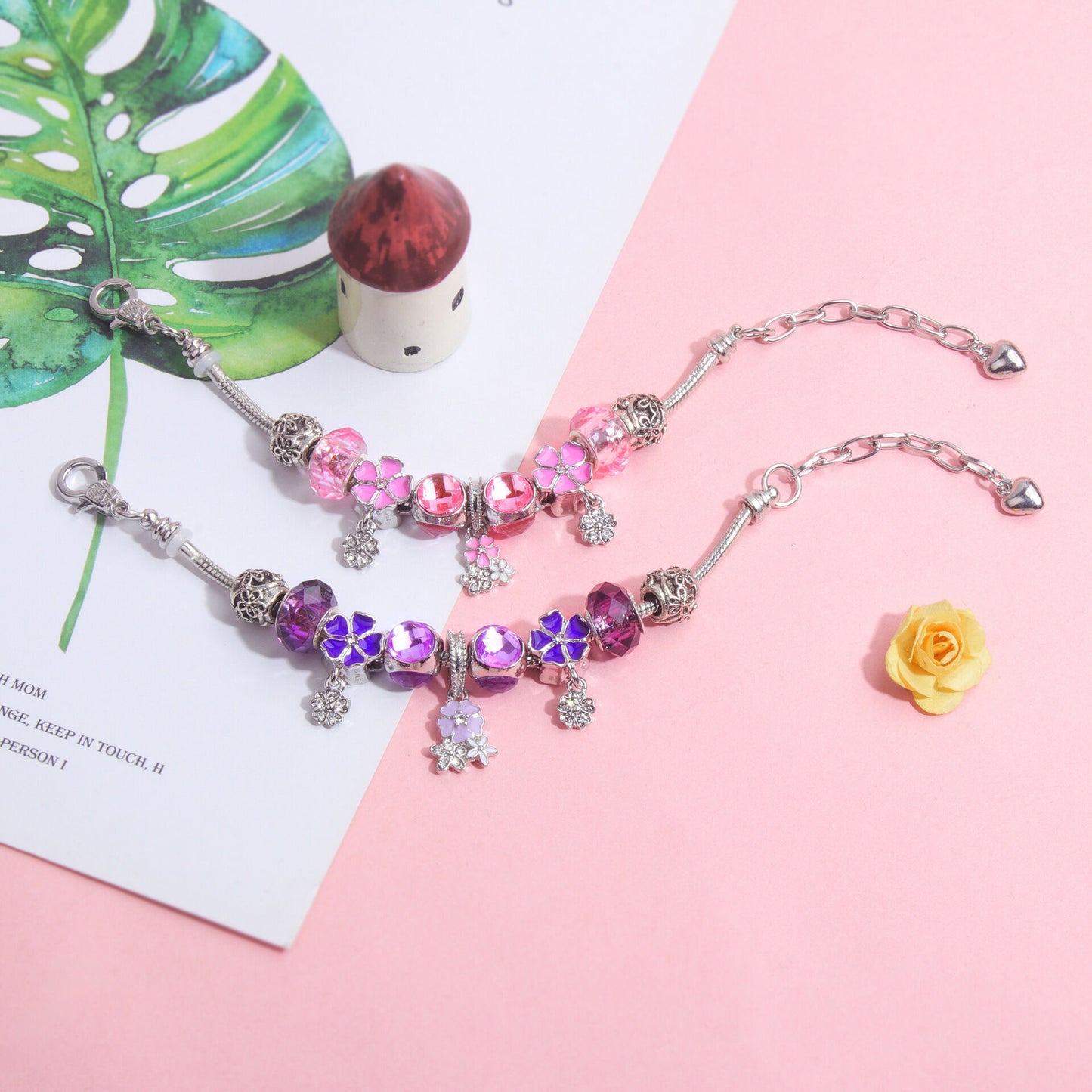 Romantic Floral Big Glass Bead Petal Pendant DIY Bracelet(purple-20cm)