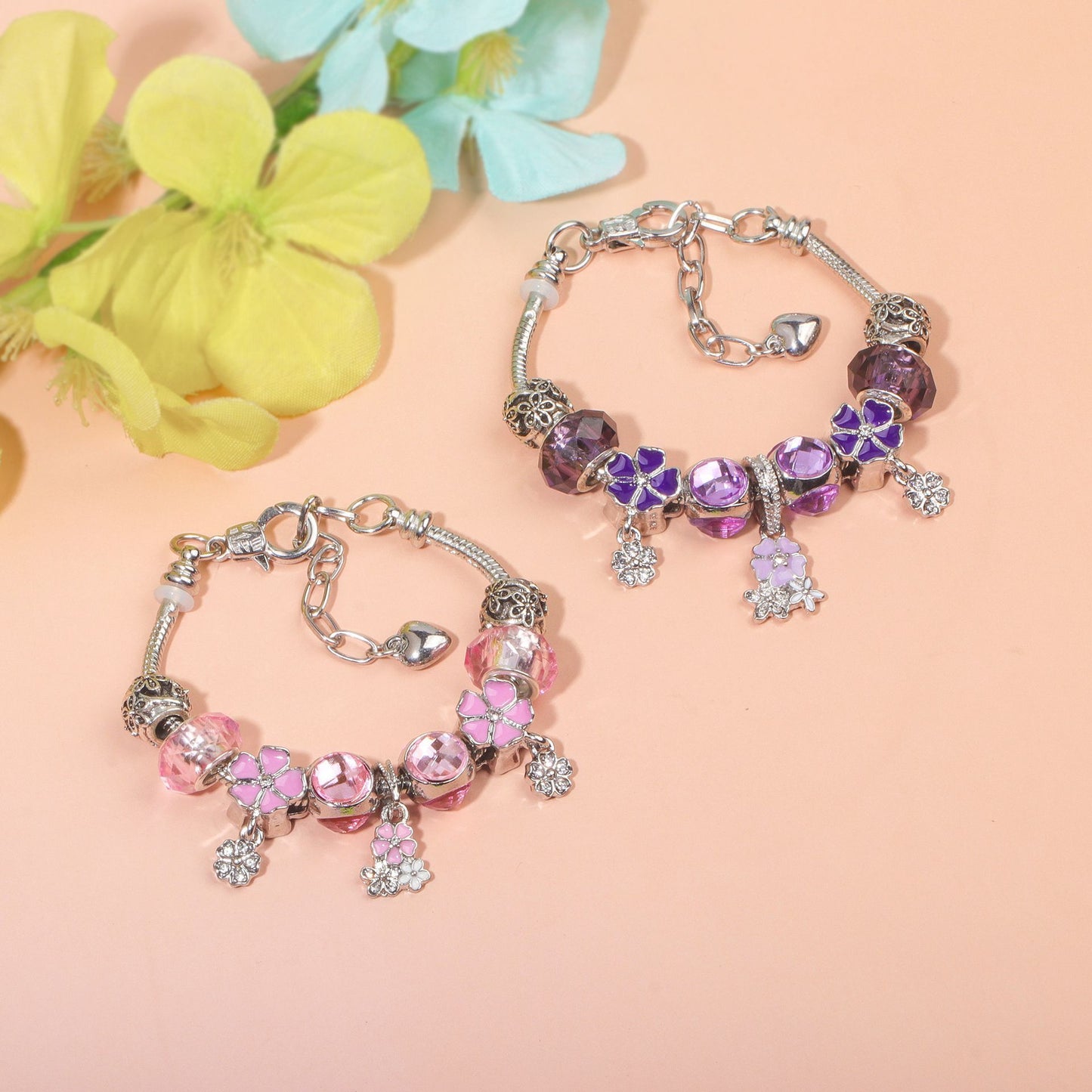 Romantic Floral Big Glass Bead Petal Pendant DIY Bracelet(purple-20cm)