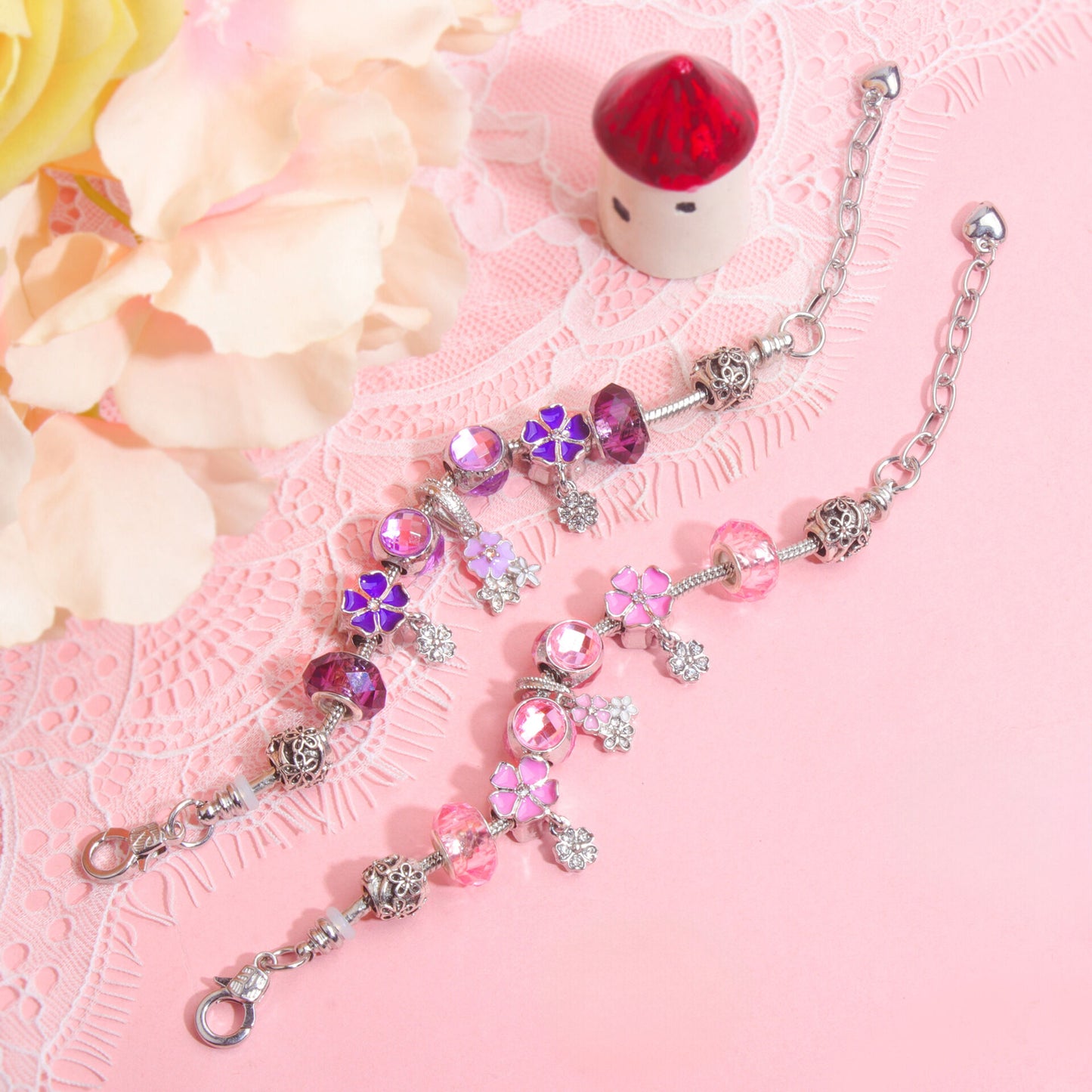 Romantic Floral Big Glass Bead Petal Pendant DIY Bracelet(purple-21cm)